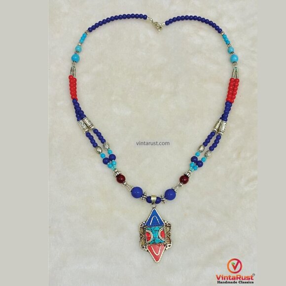 Tibetan Nepalese Pendant Necklace: Boho Tribal Jewelry with Beads & Stones - Picture 2 of 4